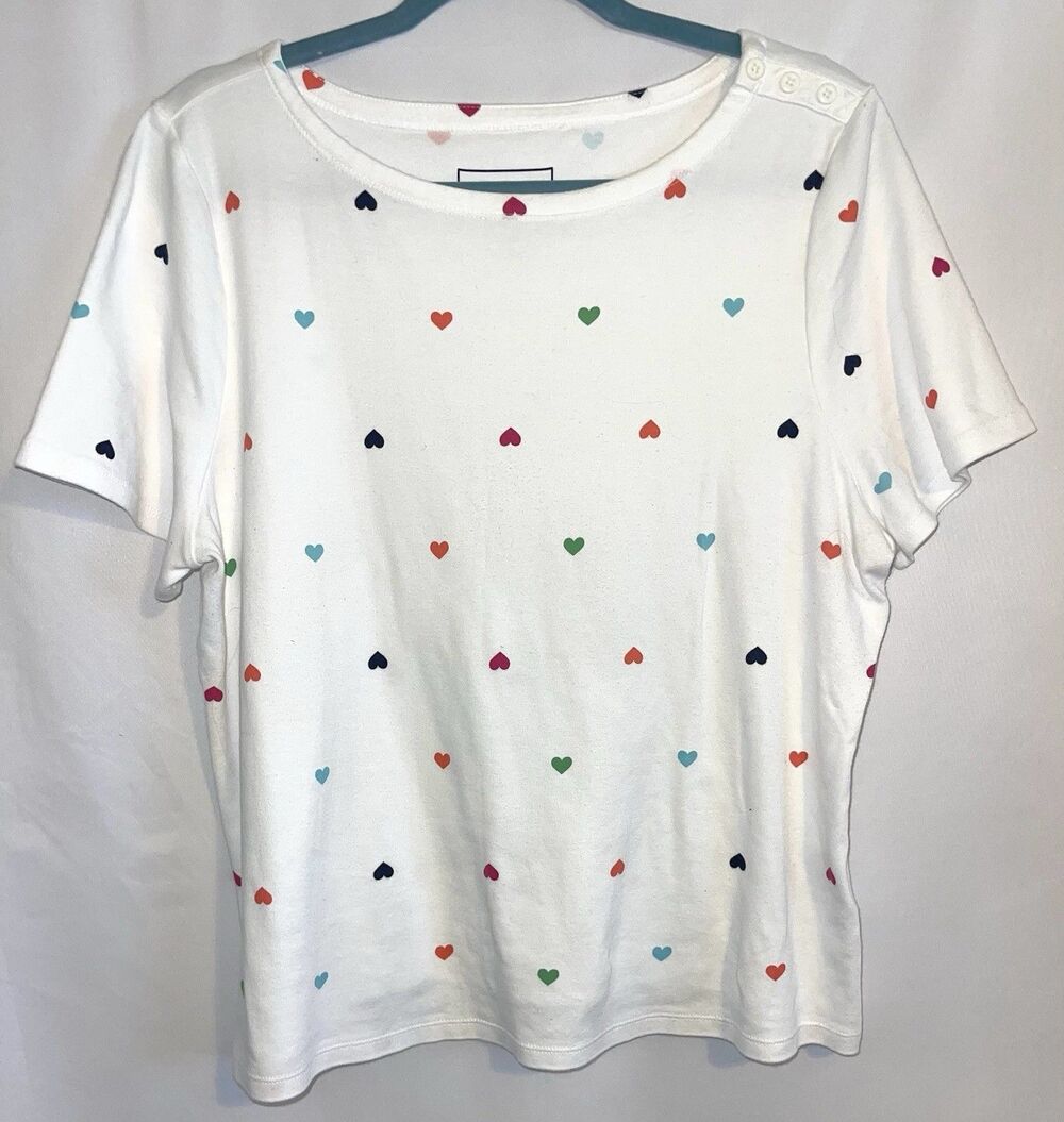 Charter Club T-shirt White With Colored Hearts Short Sleeves Women’s Size XXL